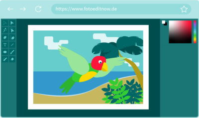 In einem Bildbearbeitungsprogramm ist ein Bild mit einem Papagei an einem tropischen Strand geöffnet.