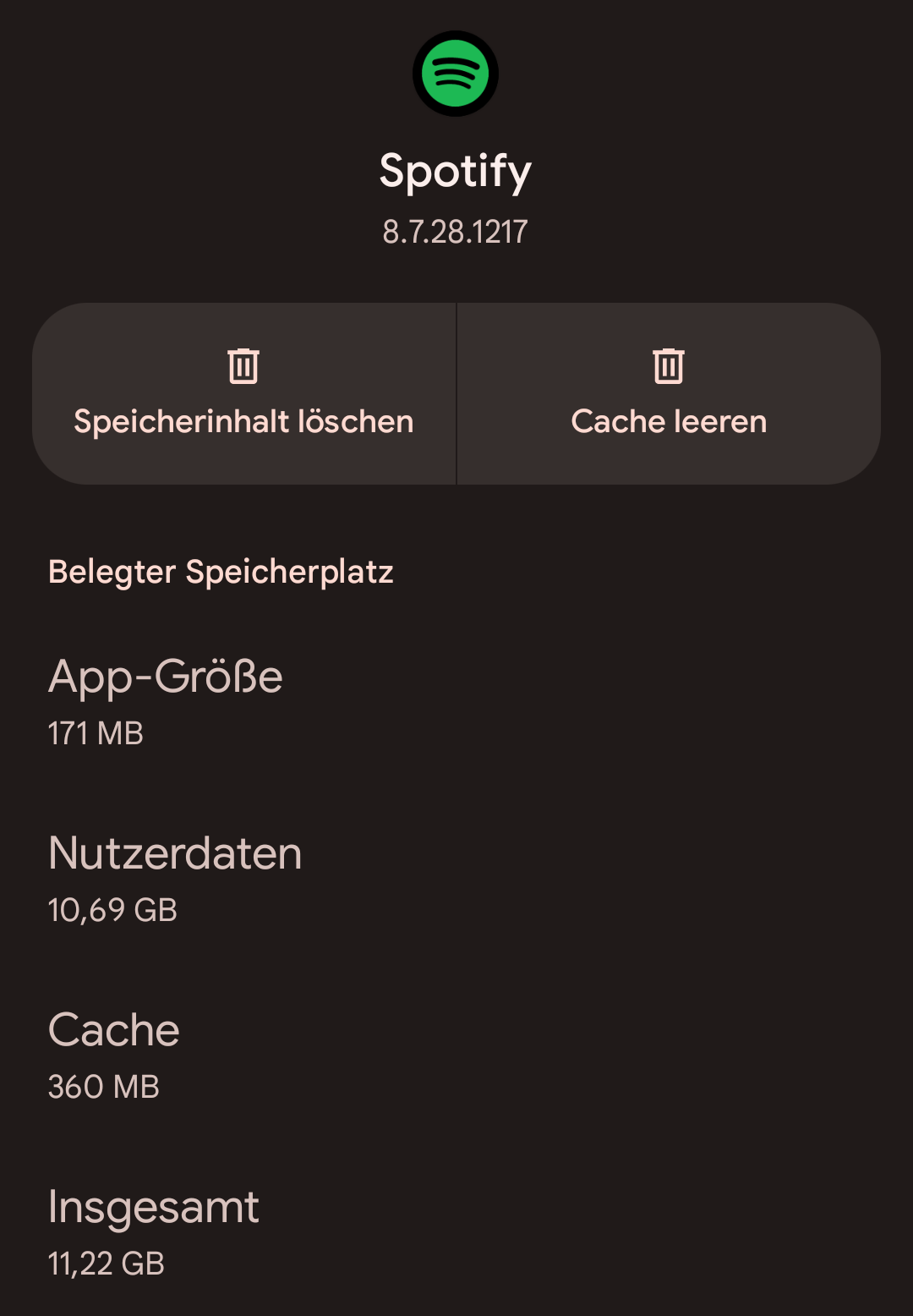 Screenshot einer Speicherübersicht für die App Spotify.